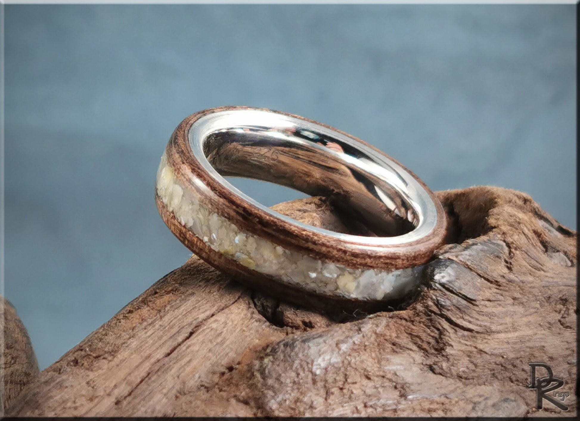 Bentwood Ring - French Walnut w/genuine Mother of Pearl inlay, on premium .925 Sterling Silver ring core - wood ring