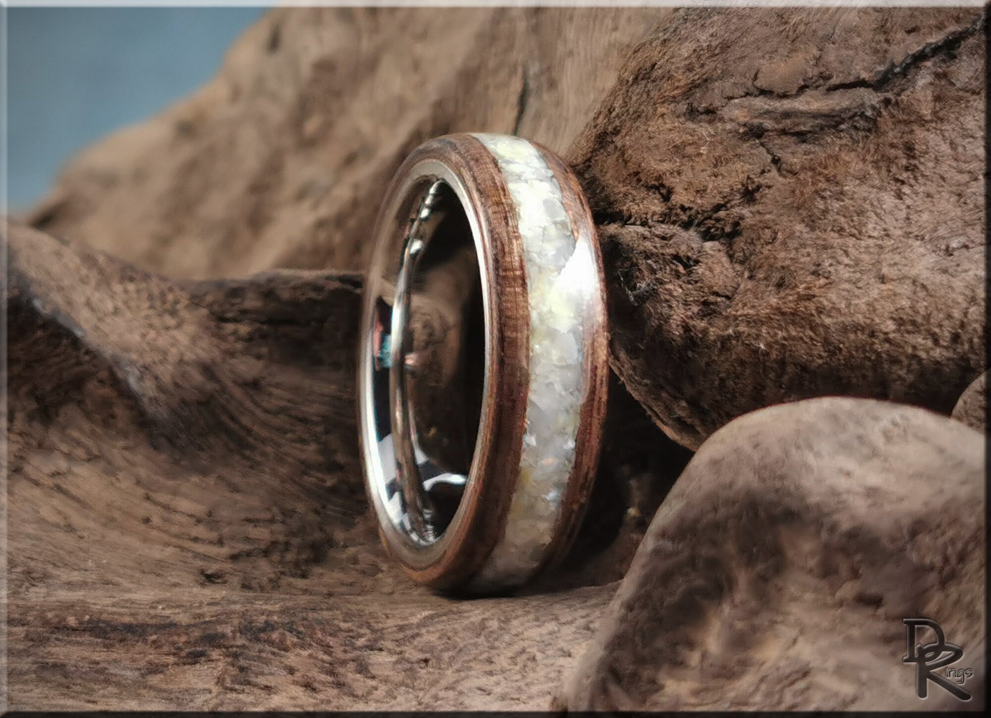 Bentwood Ring - French Walnut w/genuine Mother of Pearl inlay, on premium .925 Sterling Silver ring core - wood ring