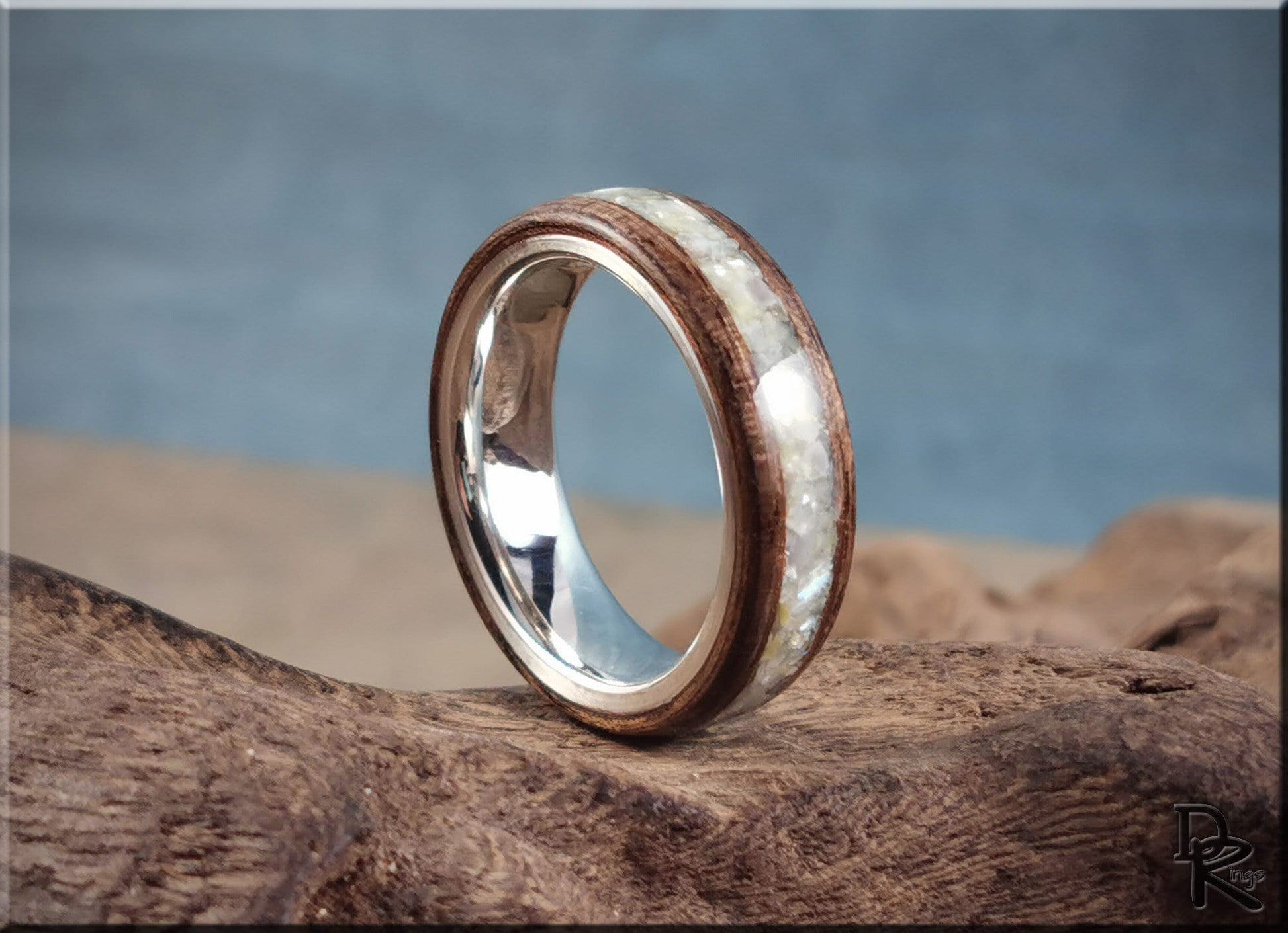 Bentwood Ring - French Walnut w/genuine Mother of Pearl inlay, on premium .925 Sterling Silver ring core - wood ring