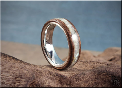 Bentwood Ring - French Walnut w/genuine Mother of Pearl inlay, on premium .925 Sterling Silver ring core - wood ring