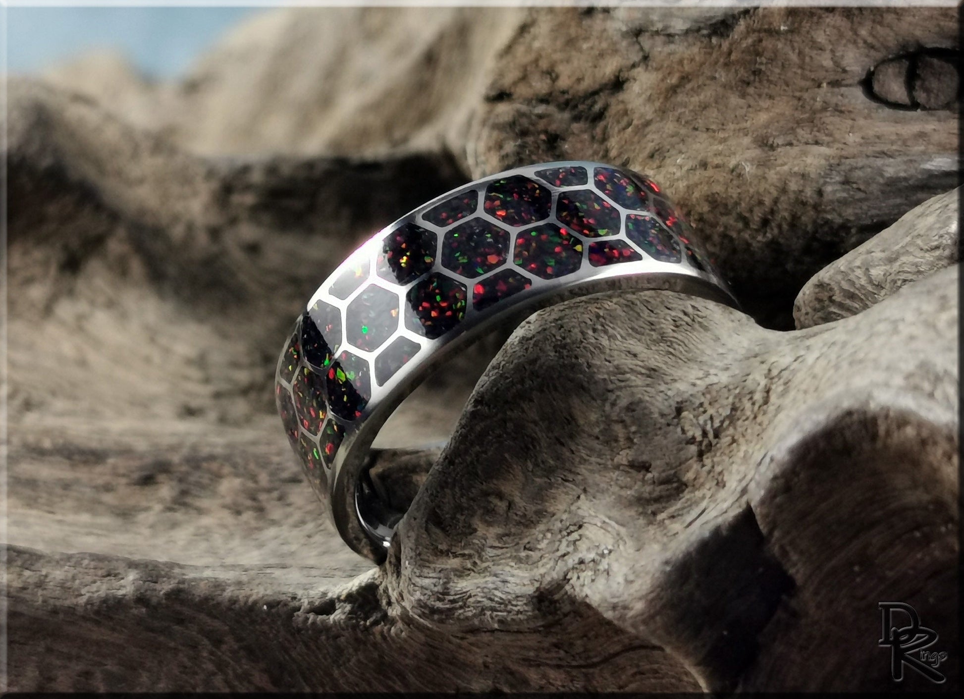 Titanium Honeycomb Pattern Ring w/Opal inlay - metal ring
