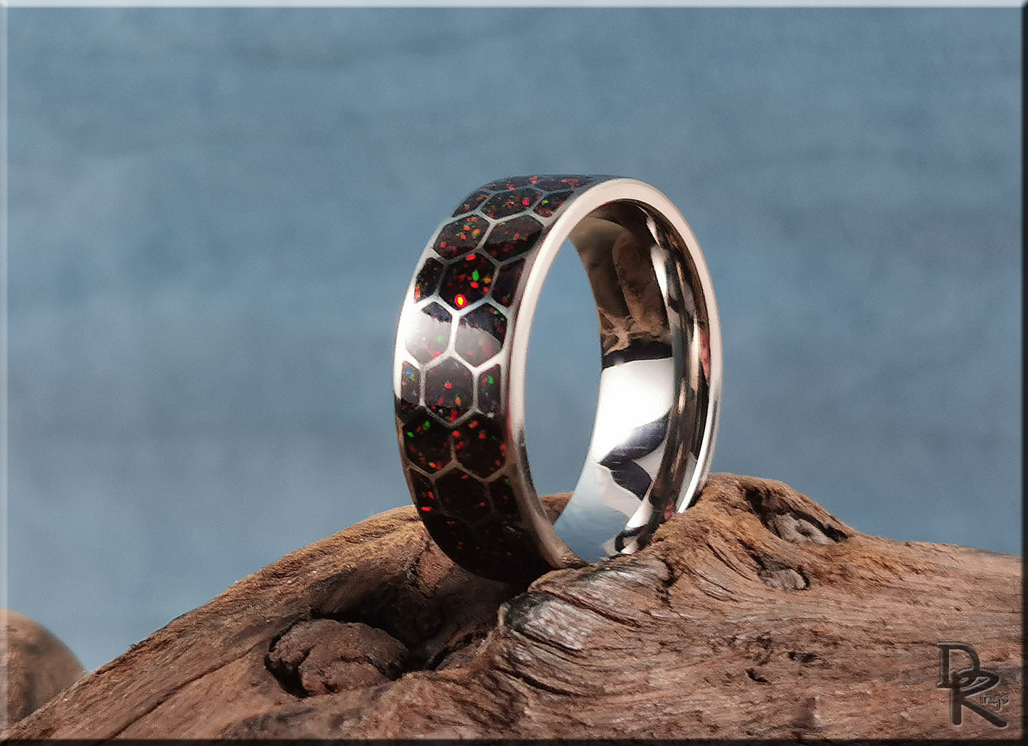 Titanium Honeycomb Pattern Ring w/Opal inlay - metal ring