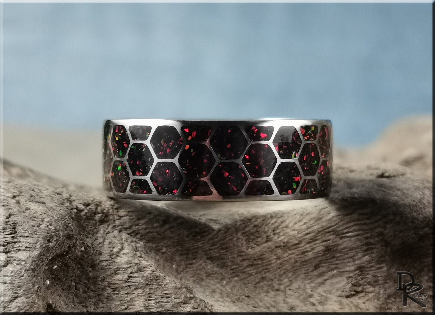 Titanium Honeycomb Pattern Ring w/Opal inlay - metal ring