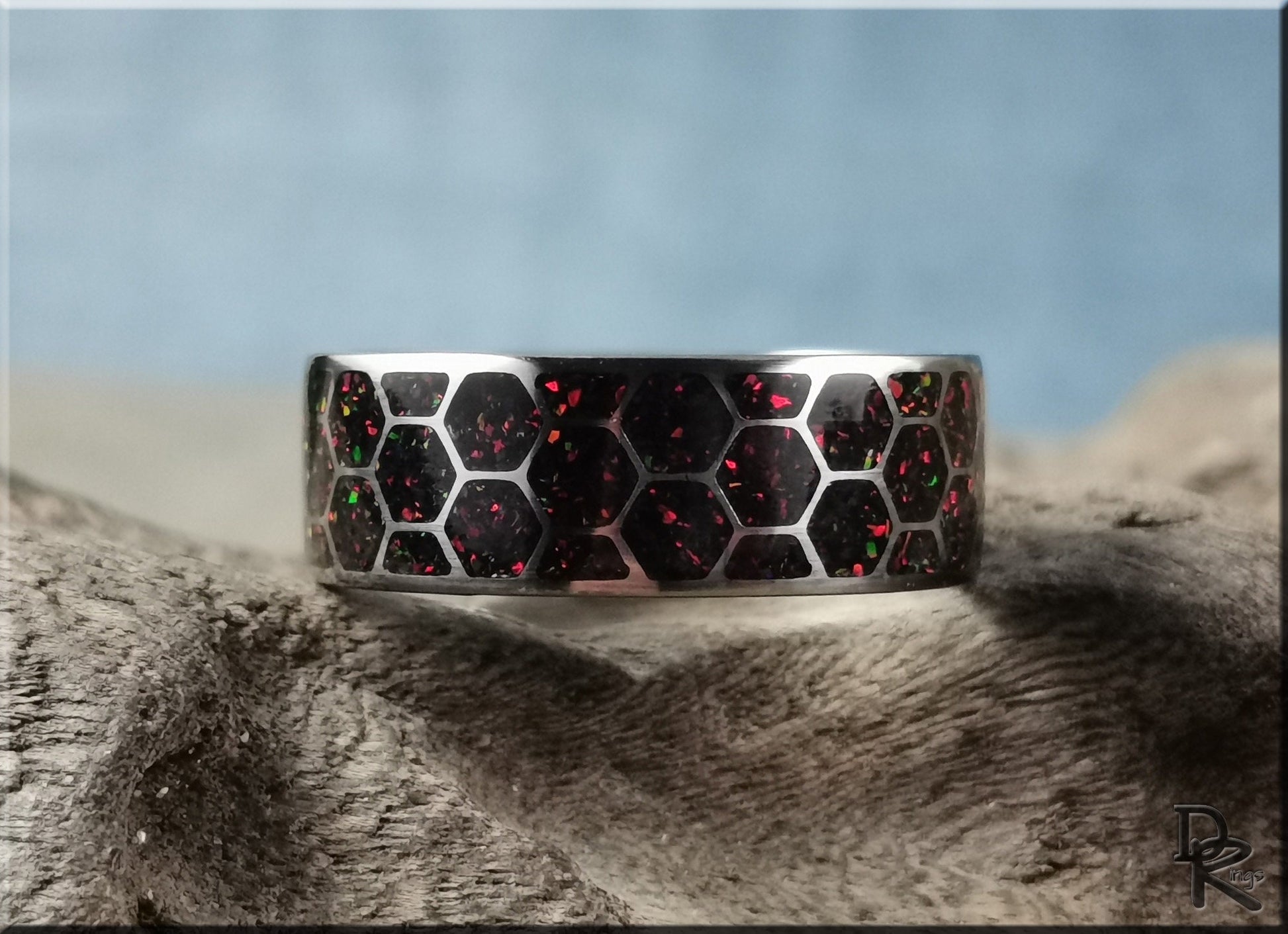 Titanium Honeycomb Pattern Ring w/Opal inlay - metal ring