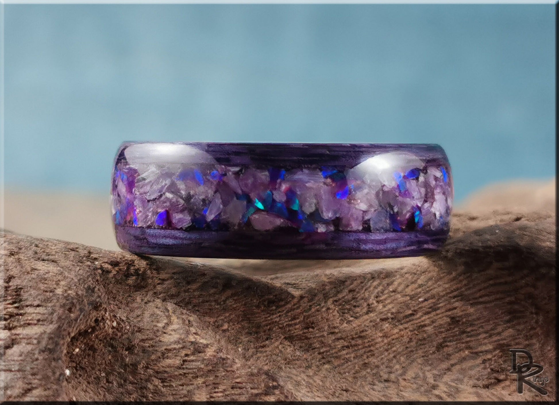 Bentwood Ring - Amethyst Koto w/Charoite and Opal inlay on polished white ceramic ring core - wood ring
