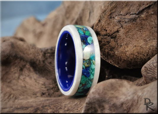 Bentwood Ring - Snow White Sycamore w/Azurite stone inlay, on polished blue ceramic ring core - wood ring