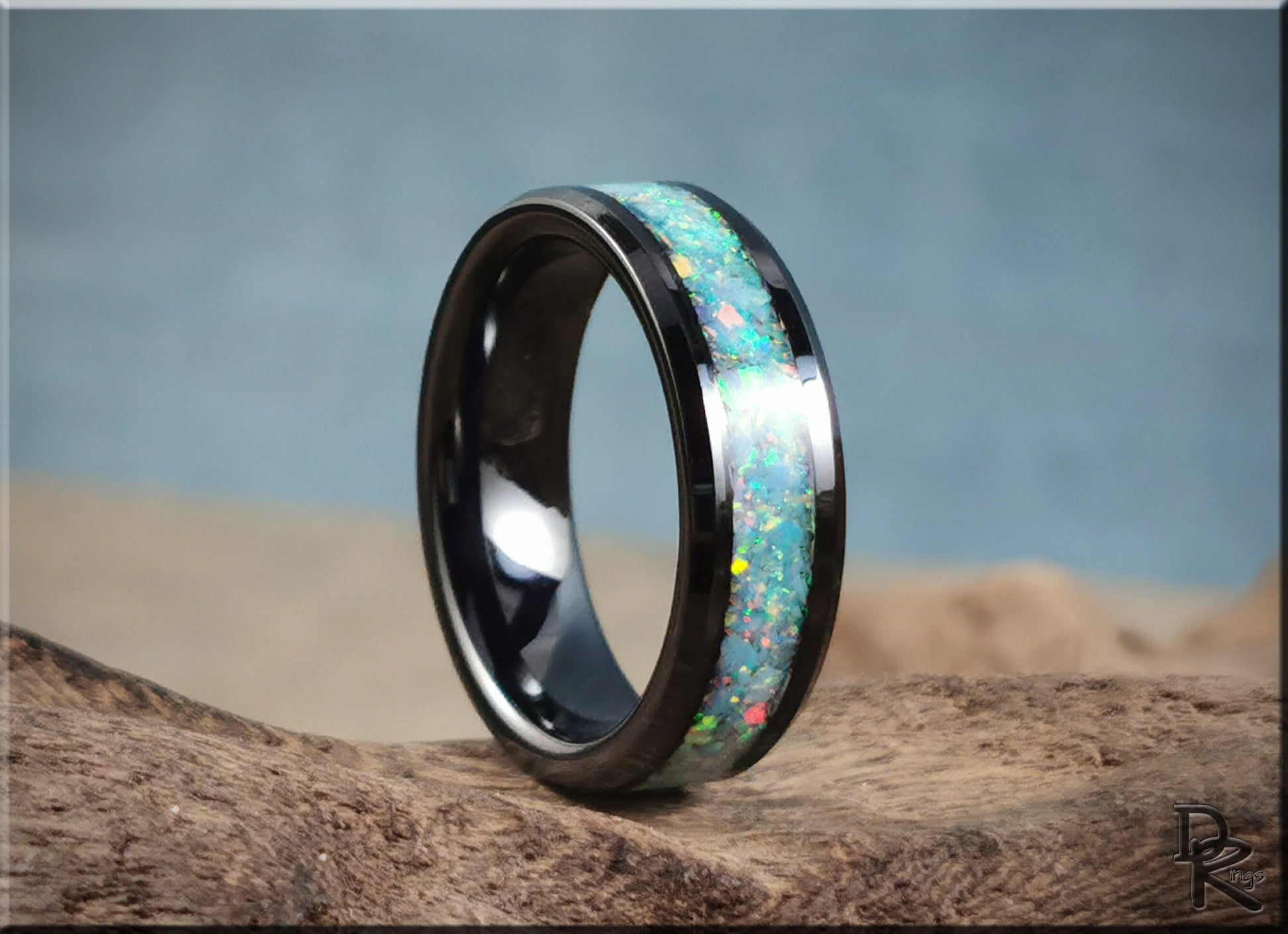 Polished Black Ceramic 6mm Channel Ring w/Opal inlay - ceramic ring