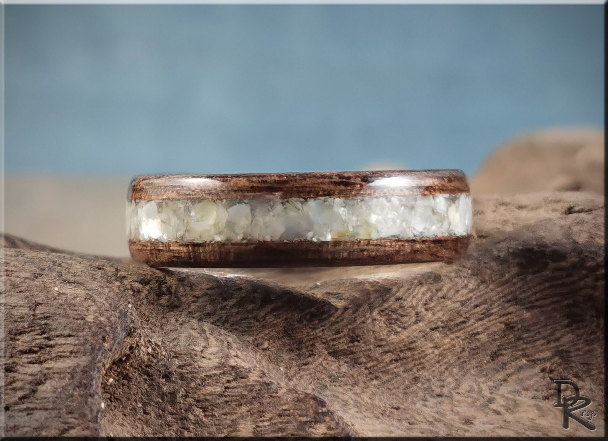 Bentwood Ring - French Walnut w/genuine Mother of Pearl inlay, on premium .925 Sterling Silver ring core - wood ring