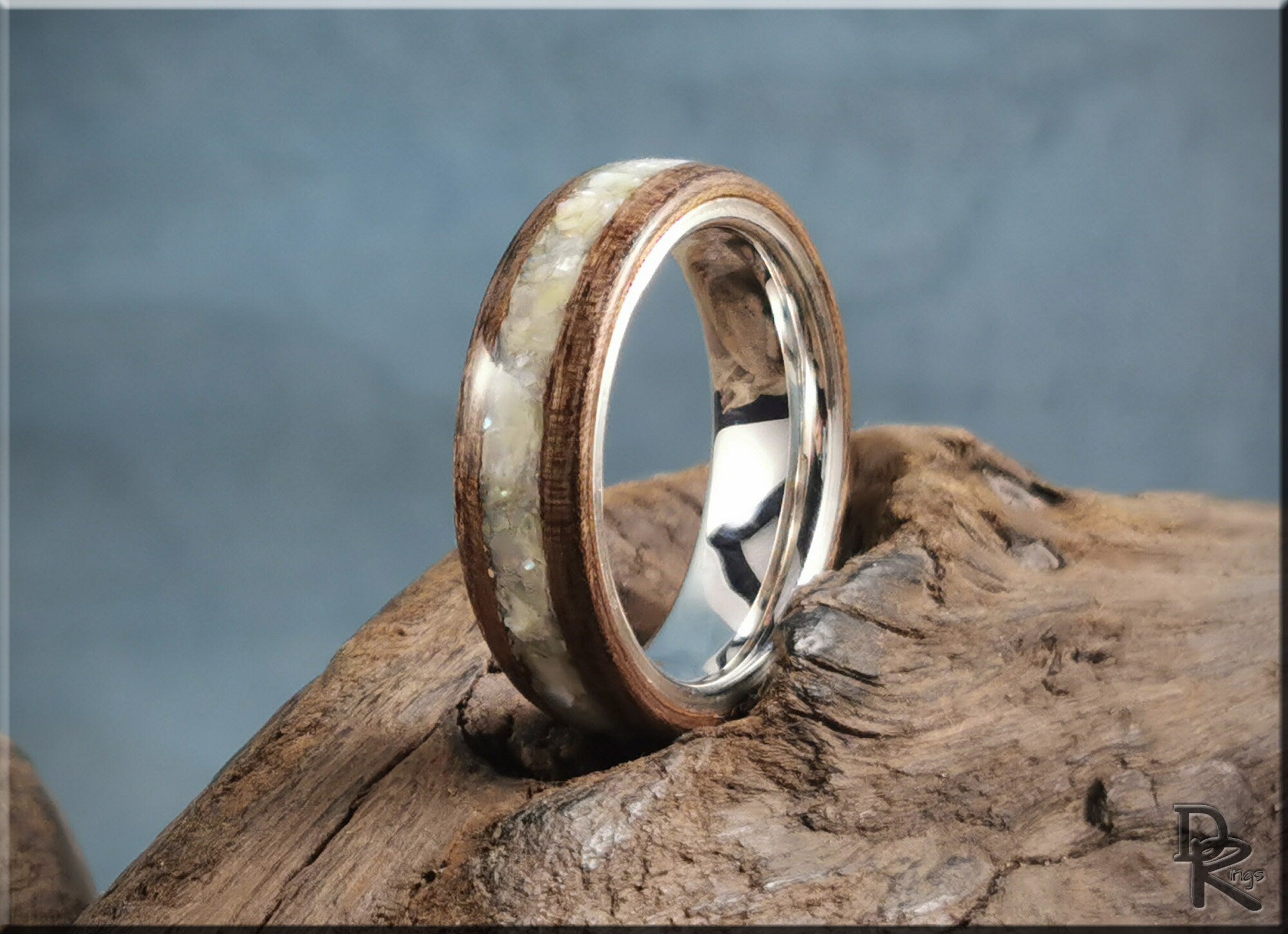 Bentwood Ring - French Walnut w/genuine Mother of Pearl inlay, on premium .925 Sterling Silver ring core - wood ring