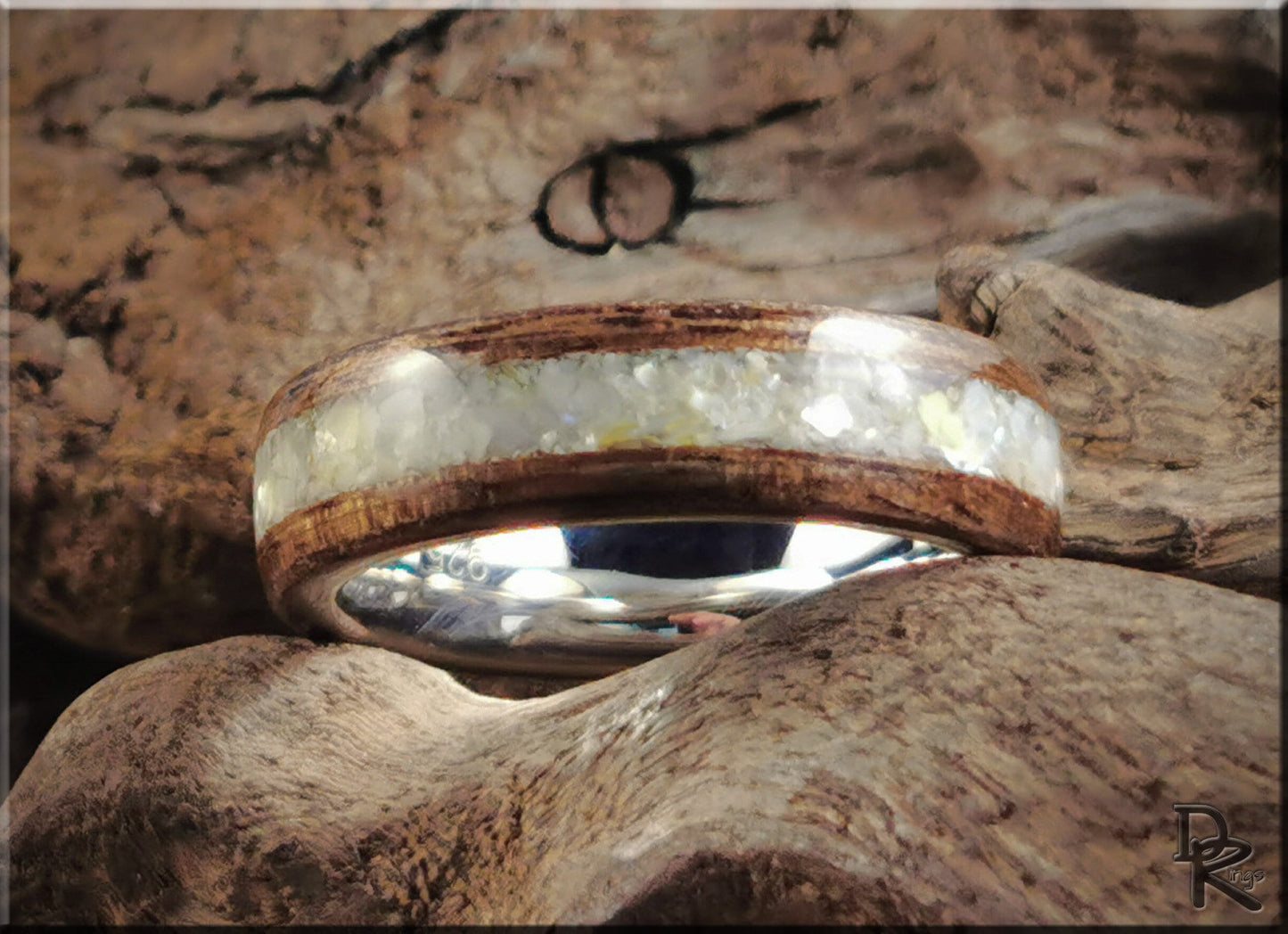 Bentwood Ring - French Walnut w/genuine Mother of Pearl inlay, on premium .925 Sterling Silver ring core - wood ring