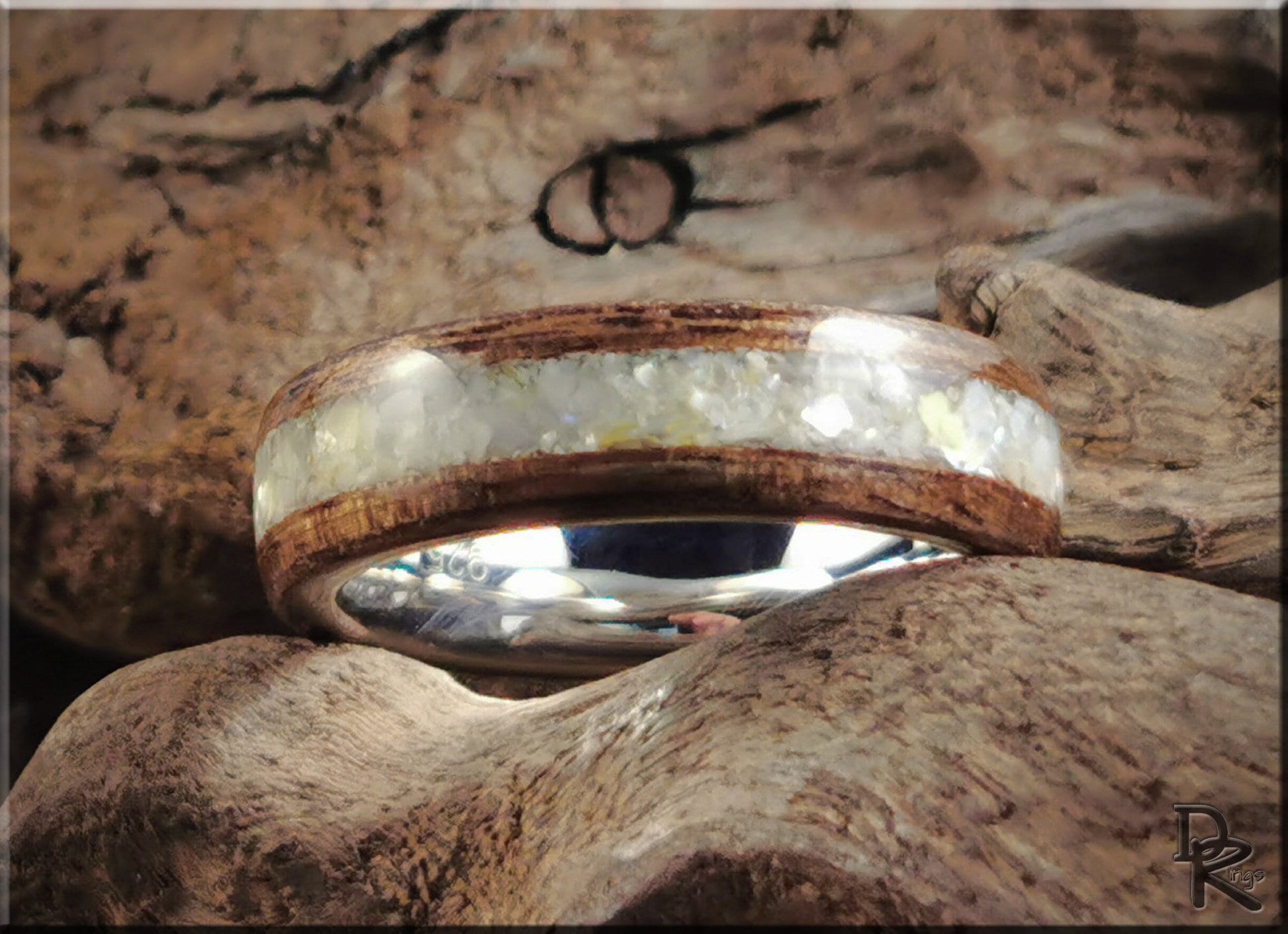 Bentwood Ring - French Walnut w/genuine Mother of Pearl inlay, on premium .925 Sterling Silver ring core - wood ring