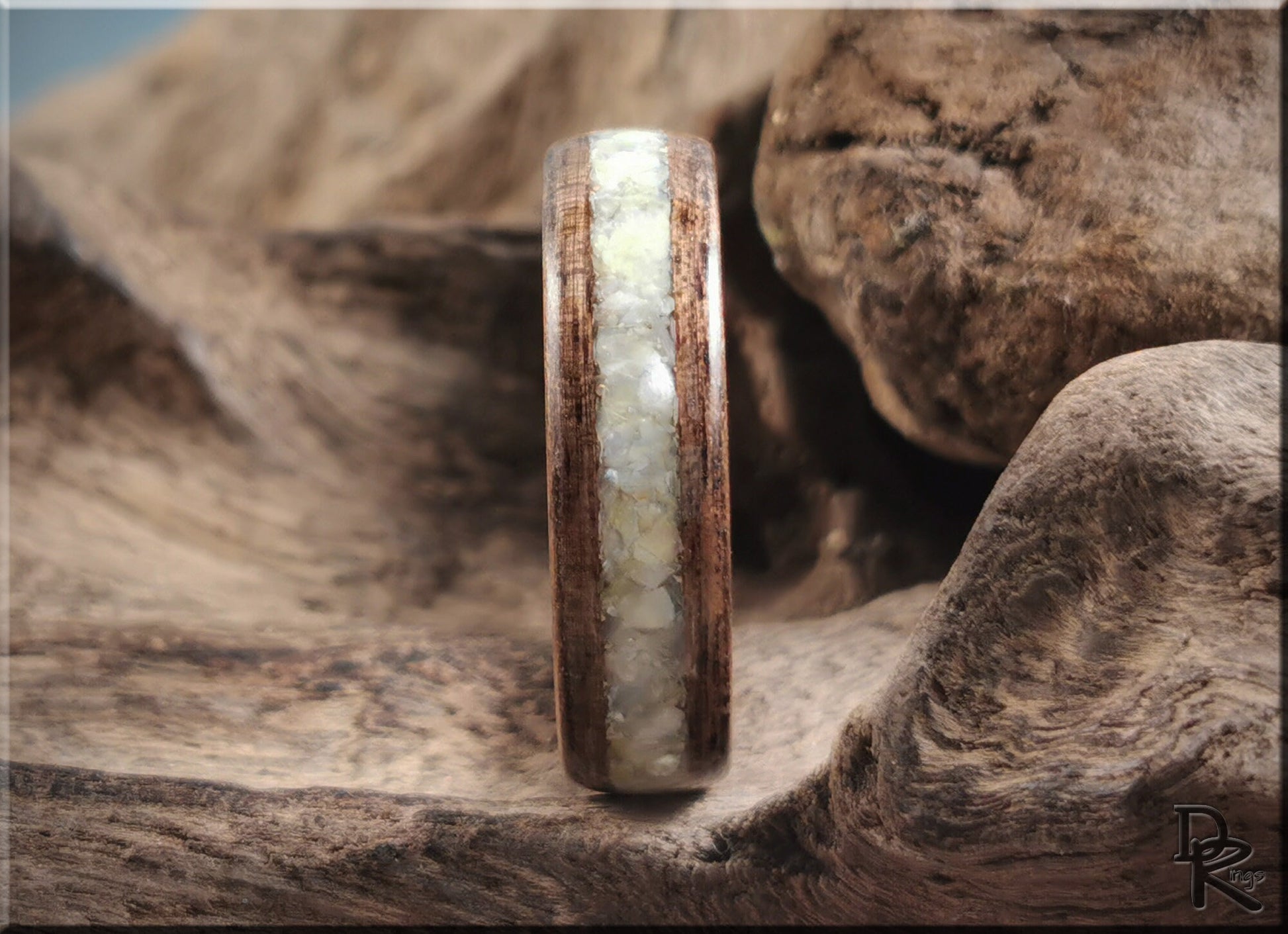 Bentwood Ring - French Walnut w/genuine Mother of Pearl inlay, on premium .925 Sterling Silver ring core - wood ring