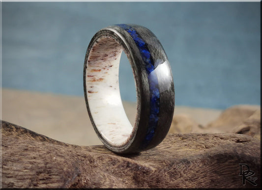 Bentwood Ring - Grey Birdseye Maple w/offset Lapis Lazuli inlay on deer antler ring core - wood ring