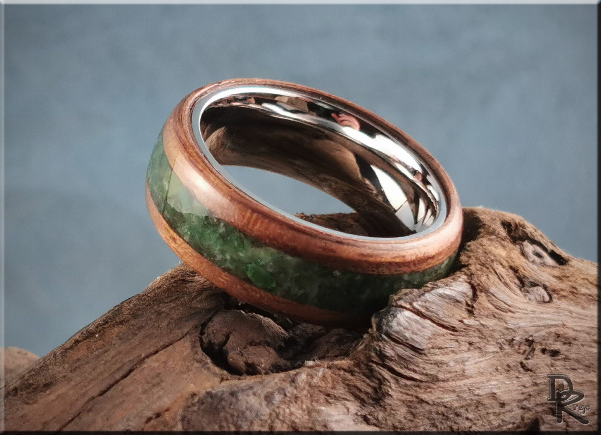 Bentwood Ring - Black Walnut w/Buddstone inlay, on premium Cobalt Chrome ring core - wood ring