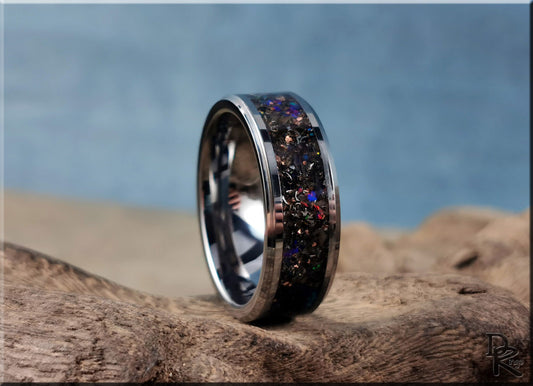 Tungsten Carbide Channel Ring w/Dinosaur Bone, Meteorite, Copper, Opal, and Blue Glow inlay - metal ring