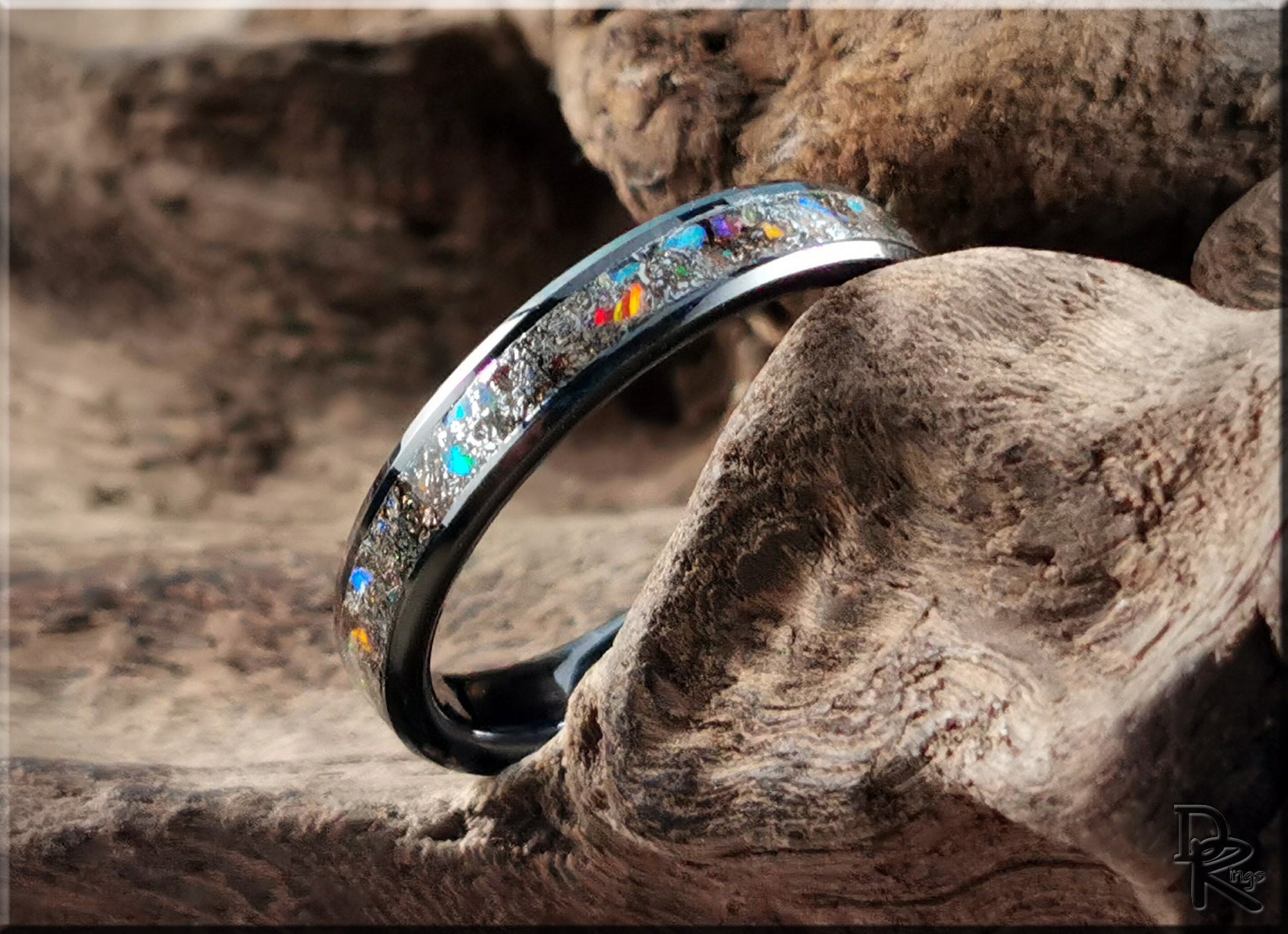 Black Ceramic Channel Ring w/Seymchan Meteorite, Opal, and orange glow inlay - ceramic ring
