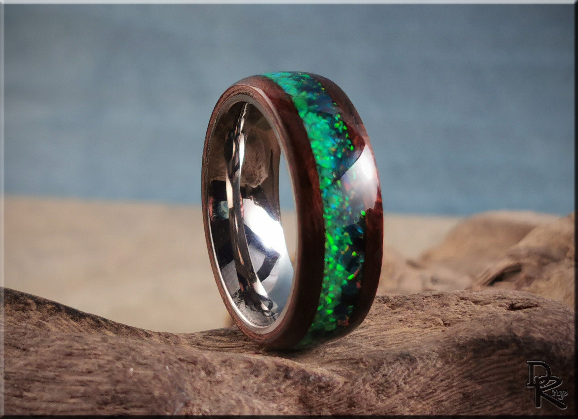 Bentwood Ring 'Aurora Borealis' - Smoked Etimoe w/Dual Opal inlay, on polished titanium ring core - wood ring