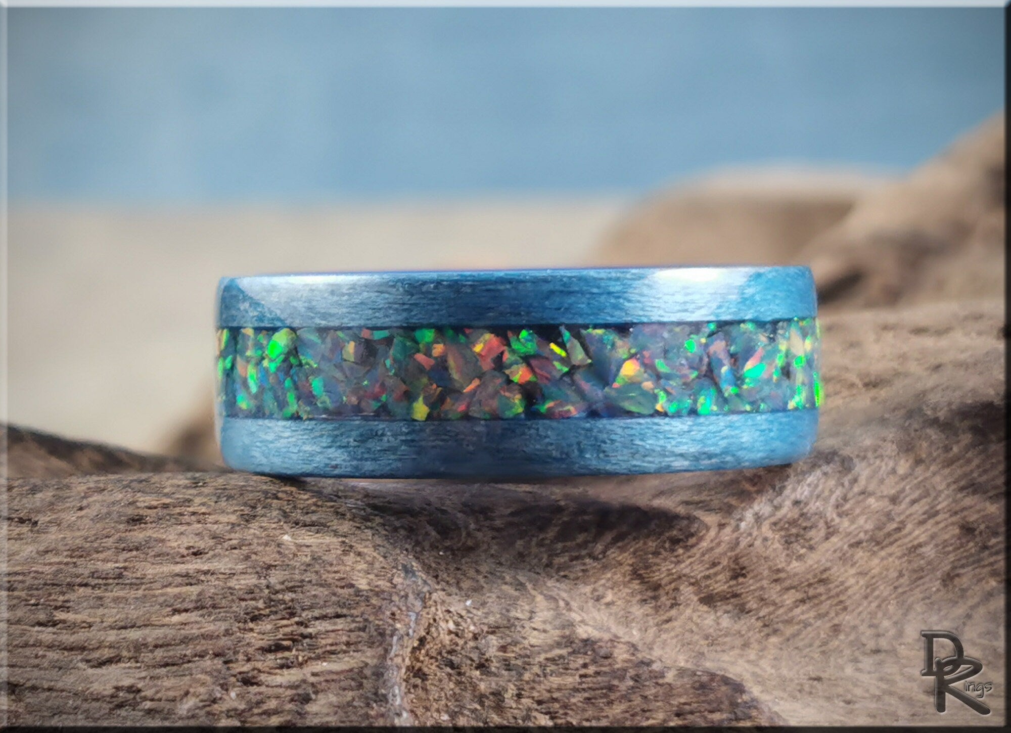 Bentwood Ring - Denim Blue Tulipwood w/Royal Blue Grey Opal inlay, on polished blue ceramic ring core - wood ring