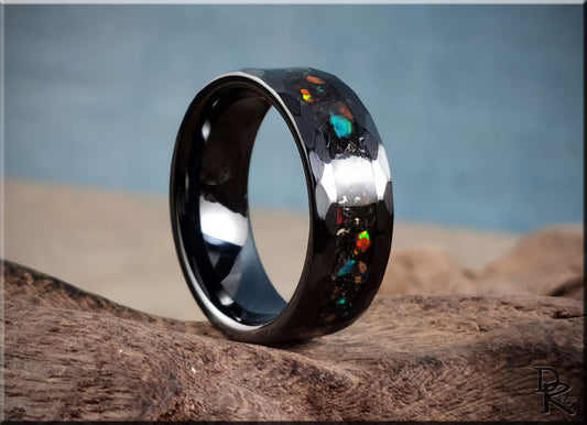 Hammered Black Ceramic 8mm Channel Ring w/Meteorite, Dino bone, Opal, and blue glow inlay - ceramic ring