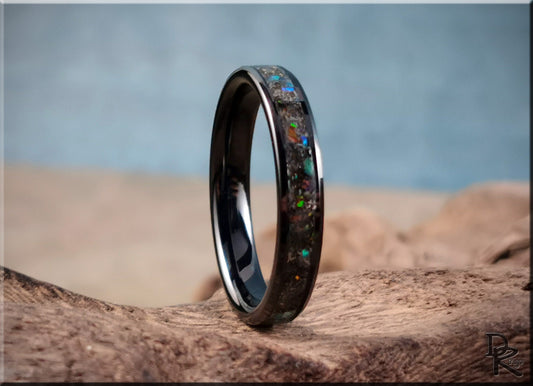 Black Ceramic Channel Ring w/Seymchan Meteorite, Opal, and orange glow inlay - ceramic ring