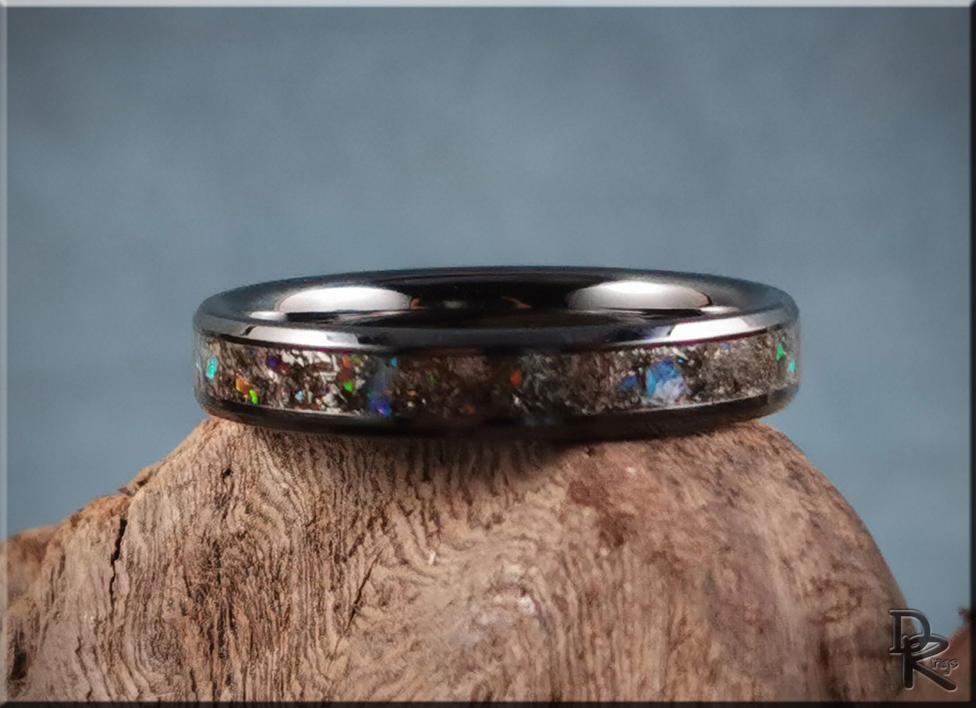 Black Ceramic Channel Ring w/Seymchan Meteorite, Opal, and orange glow inlay - ceramic ring