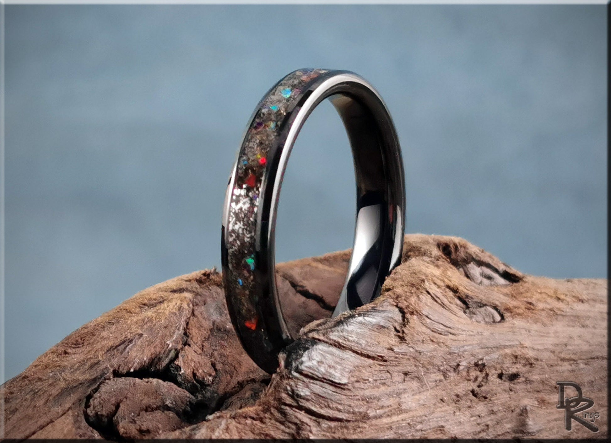 Black Ceramic Channel Ring w/Seymchan Meteorite, Opal, and orange glow inlay - ceramic ring