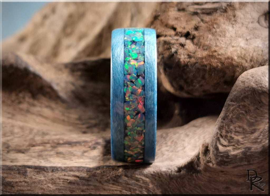 Bentwood Ring - Denim Blue Tulipwood w/Royal Blue Grey Opal inlay, on polished blue ceramic ring core - wood ring