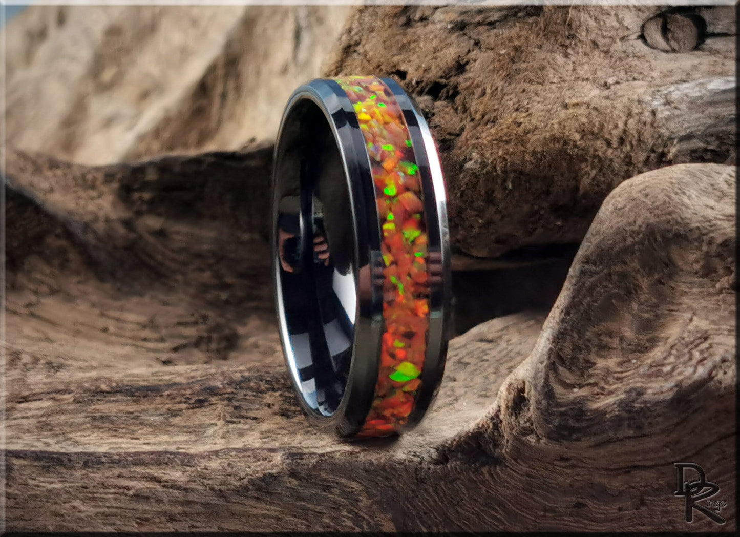 Polished Black Ceramic 6mm Channel Ring w/Opal inlay - ceramic ring
