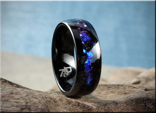 Polished Black Tungsten Carbide Channel Ring w/Celestial Sandstone inlay - tungsten ring