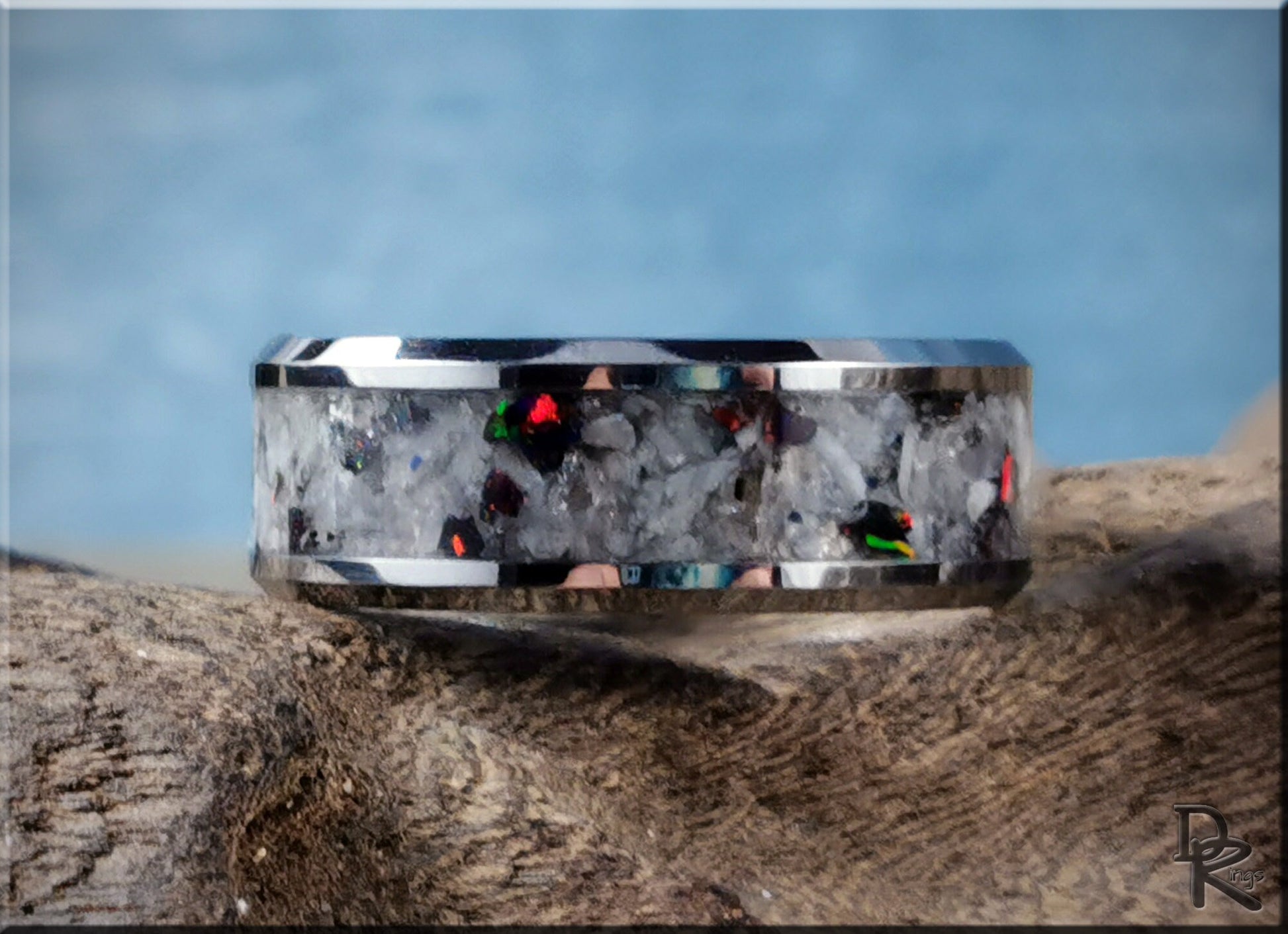 Tungsten Carbide Channel Ring w/Rainbow Moonstone and Opal inlay - metal ring