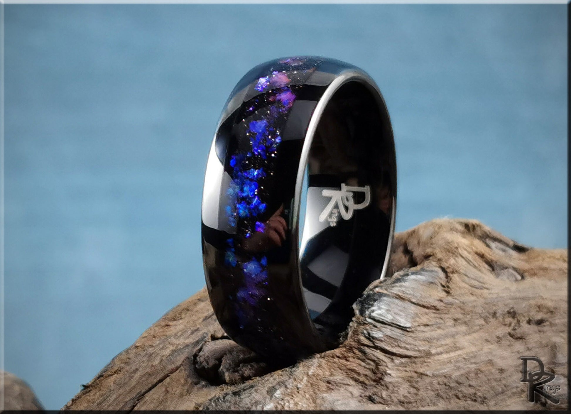 Polished Black Tungsten Carbide Channel Ring w/Celestial Sandstone inlay - tungsten ring