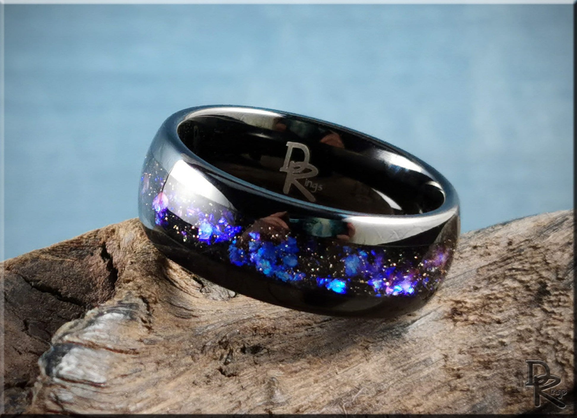 Polished Black Tungsten Carbide Channel Ring w/Celestial Sandstone inlay - tungsten ring