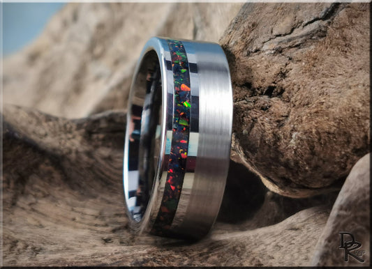 Tungsten Carbide Channel Ring w/offset Opal inlay - metal ring