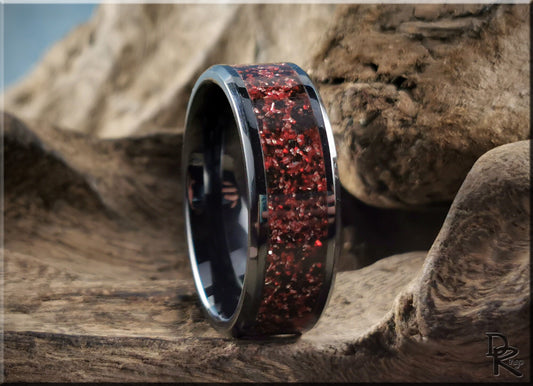 Polished Black Ceramic Channel Ring w/Carbon Red German Glass inlay - ceramic ring