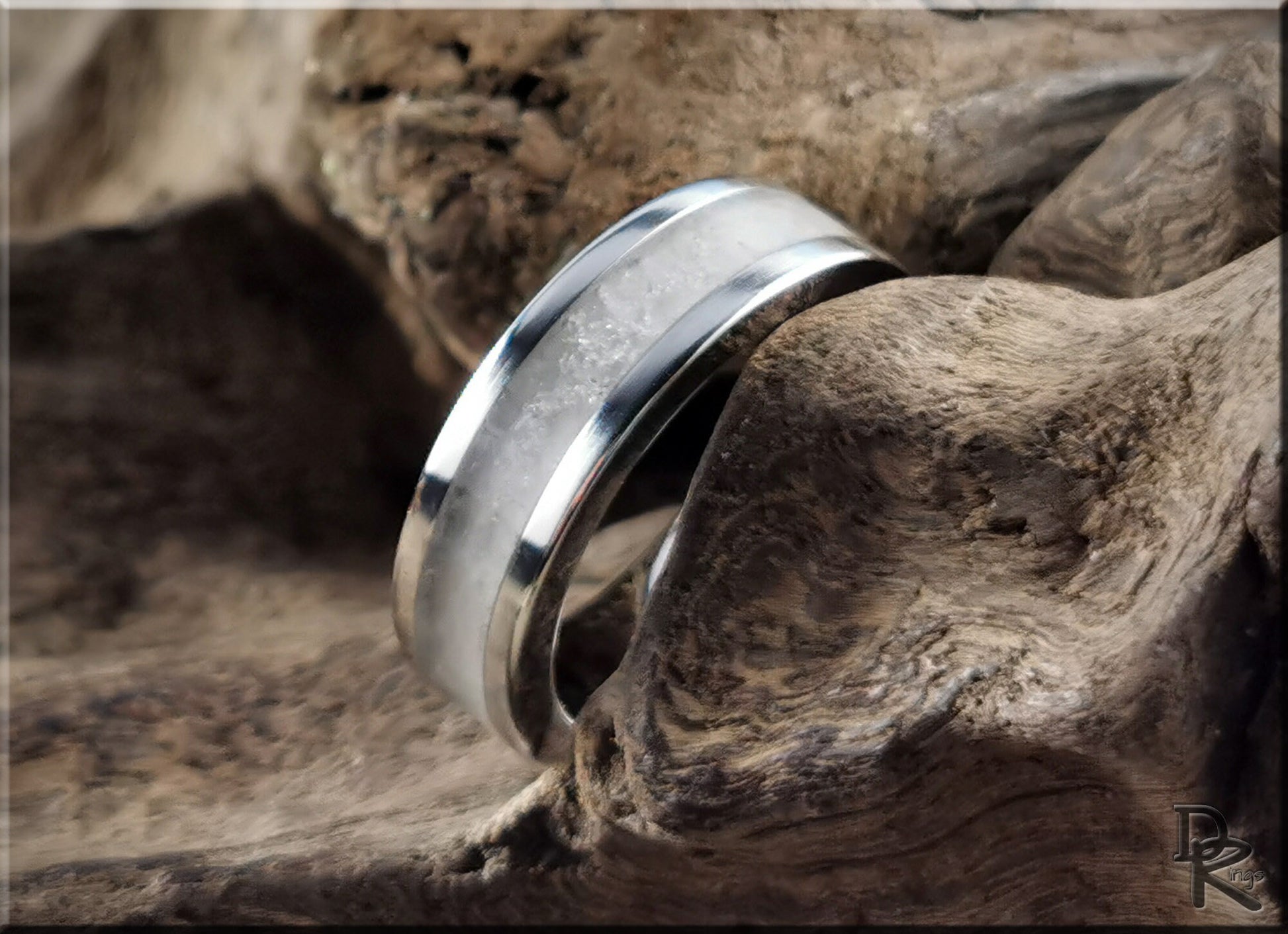 Cobalt Chrome Channel Ring w/Snow German Glass and Glow inlay - glow ring