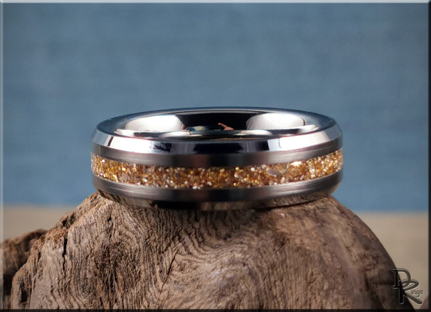 Thin Line Tungsten Carbide Channel Ring w/14 Carat Gold German Glass inlay - metal ring
