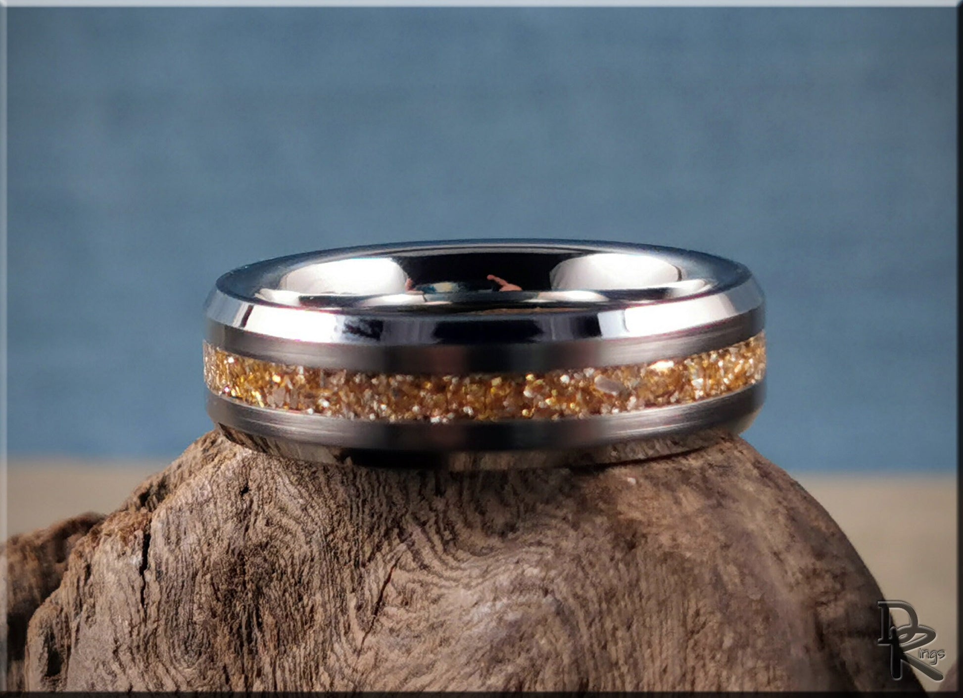 Thin Line Tungsten Carbide Channel Ring w/14 Carat Gold German Glass inlay - metal ring