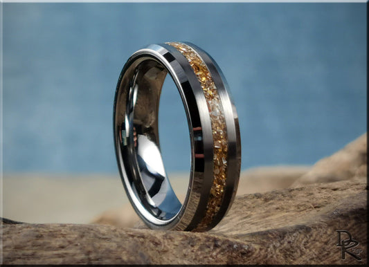 Thin Line Tungsten Carbide Channel Ring w/14 Carat Gold German Glass inlay - metal ring