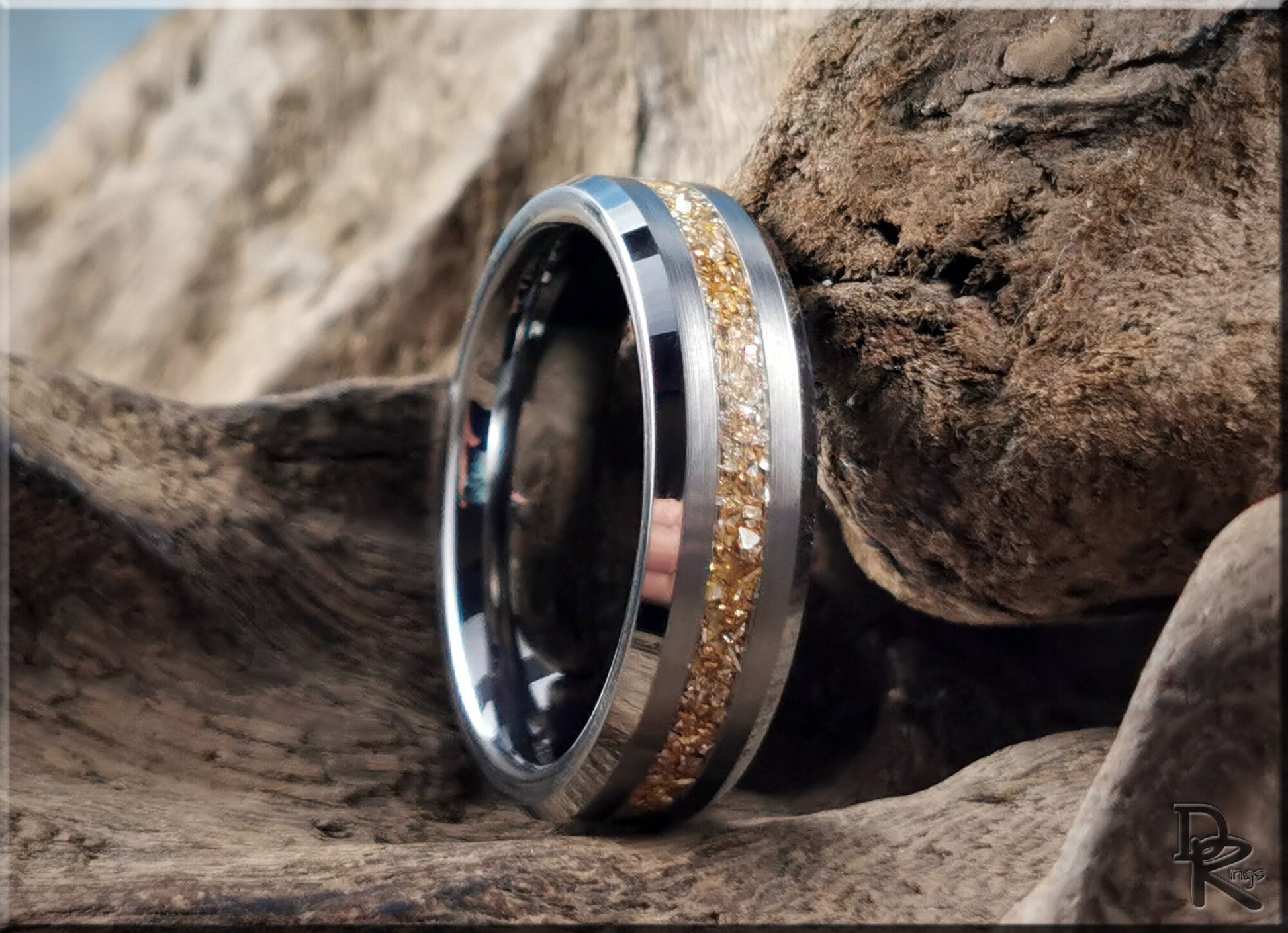 Thin Line Tungsten Carbide Channel Ring w/14 Carat Gold German Glass inlay - metal ring