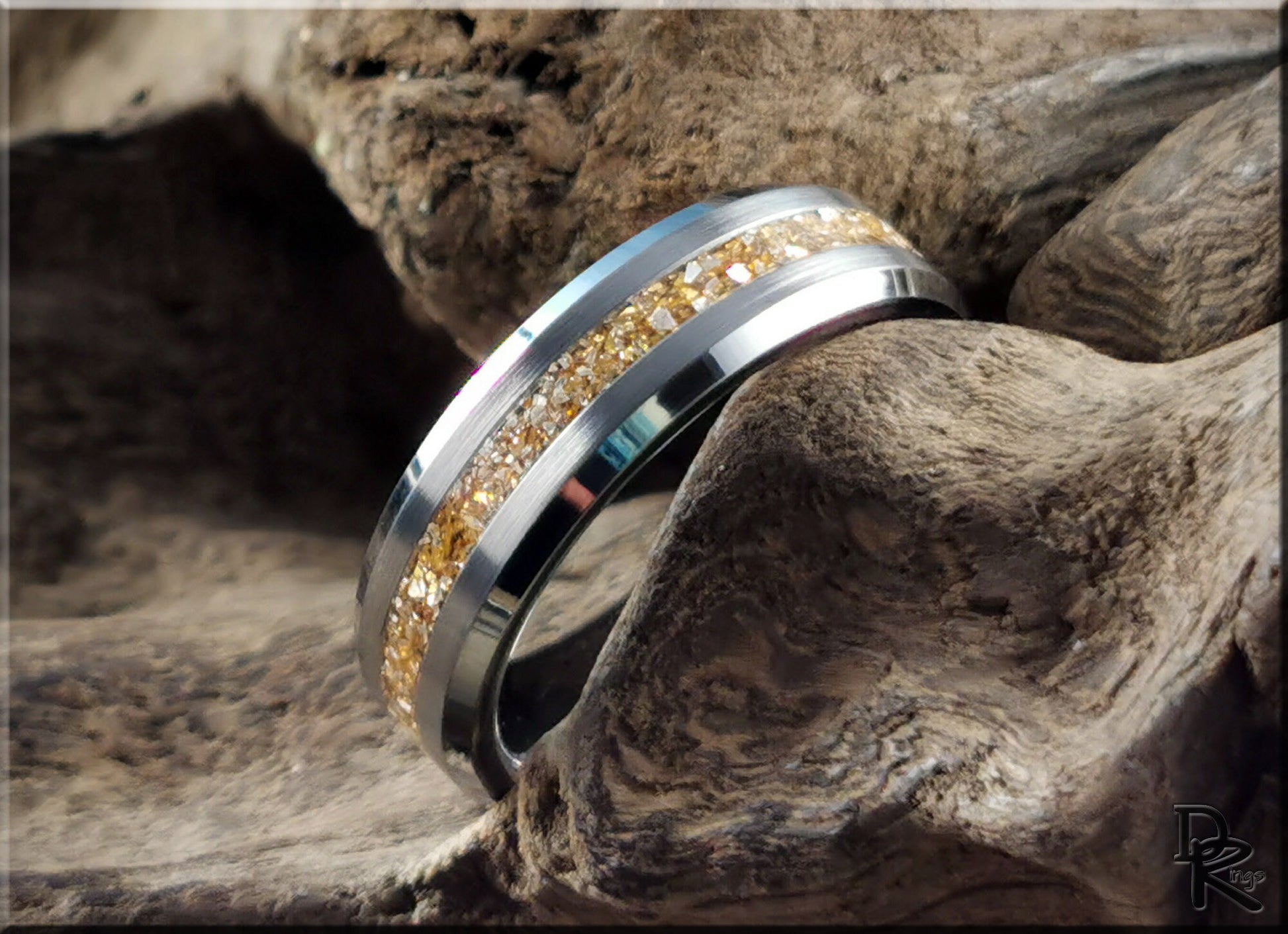 Thin Line Tungsten Carbide Channel Ring w/14 Carat Gold German Glass inlay - metal ring