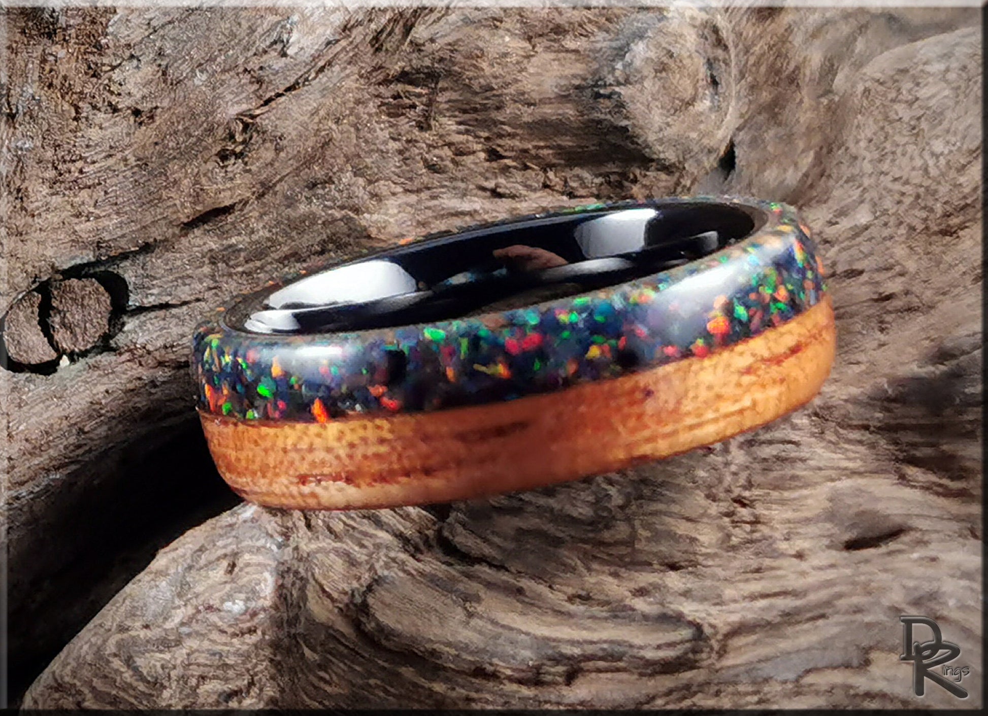 Bentwood Ring - Spanish Cedar w/Live Edge Opal inlay on polished black ceramic ring core - wood ring