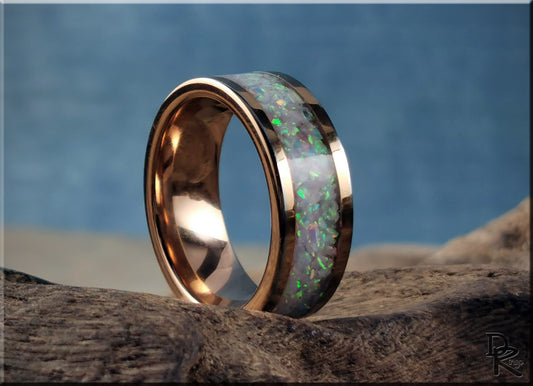 Rose Gold Plated Tungsten Carbide Channel Ring w/Pink Snow Opal and Deep Pink Glow inlay - metal ring
