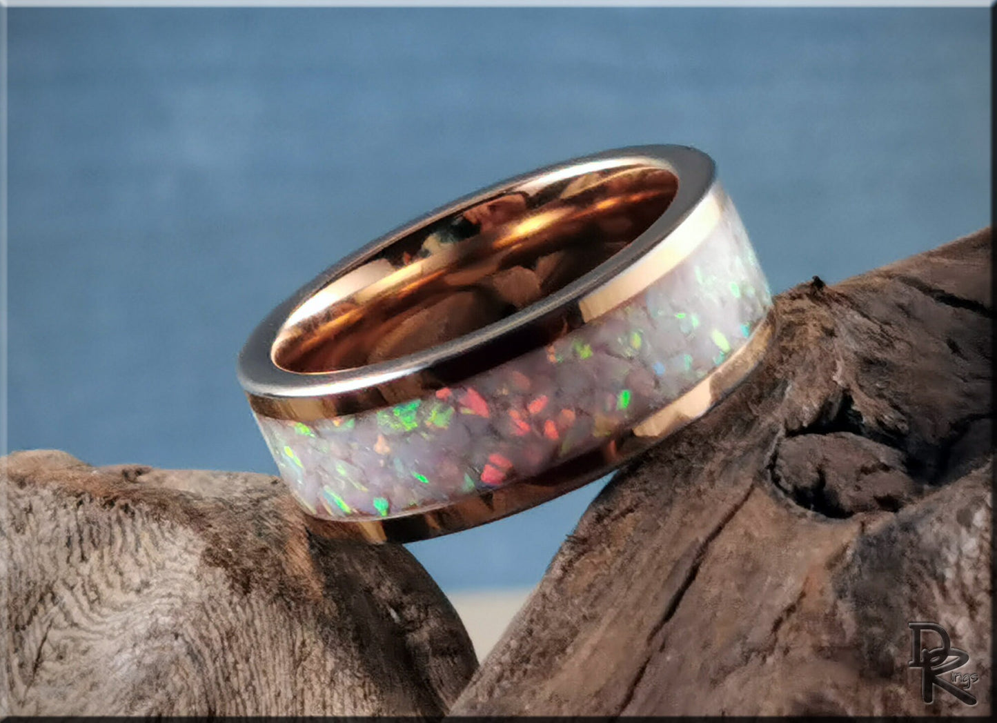 Rose Gold Plated Tungsten Carbide Channel Ring w/Pink Snow Opal and Deep Pink Glow inlay - metal ring