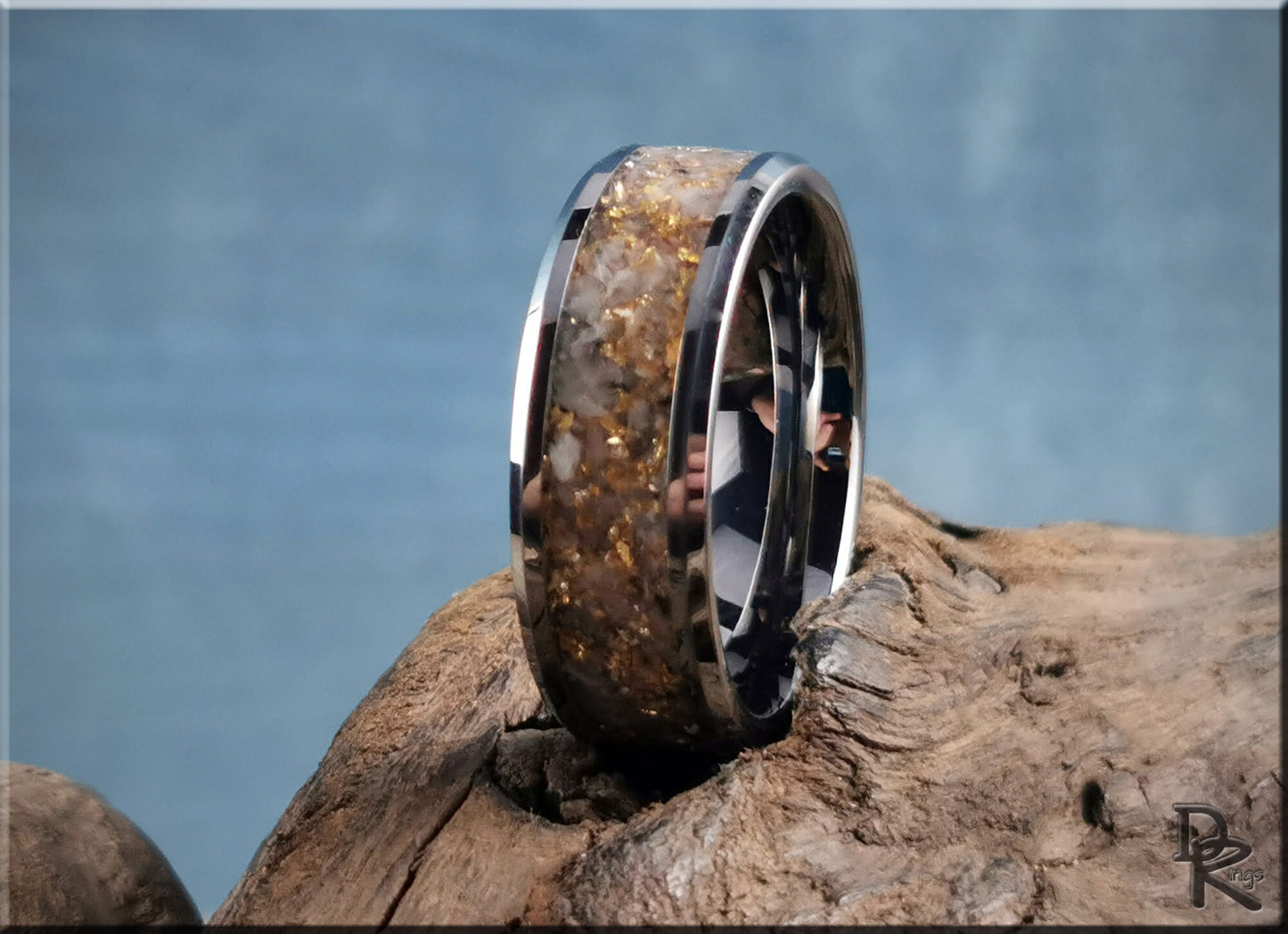 Tungsten Carbide Channel Ring w/Rainbow Moonstone and 14ct Gold German Glass inlay - metal ring