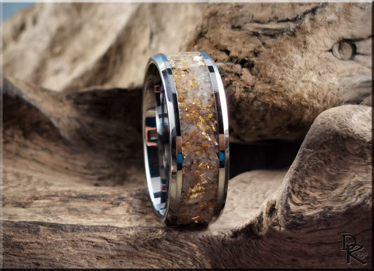 Tungsten Carbide Channel Ring w/Rainbow Moonstone and 14ct Gold German Glass inlay - metal ring