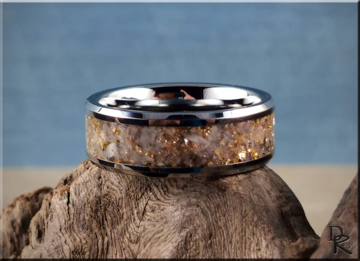 Tungsten Carbide Channel Ring w/Rainbow Moonstone and 14ct Gold German Glass inlay - metal ring