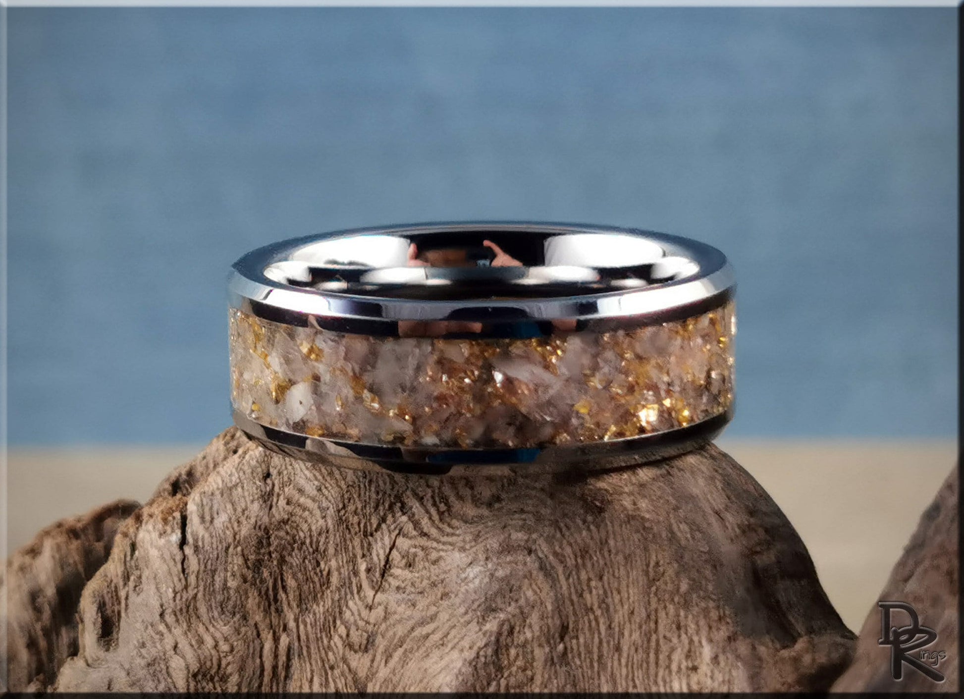 Tungsten Carbide Channel Ring w/Rainbow Moonstone and 14ct Gold German Glass inlay - metal ring