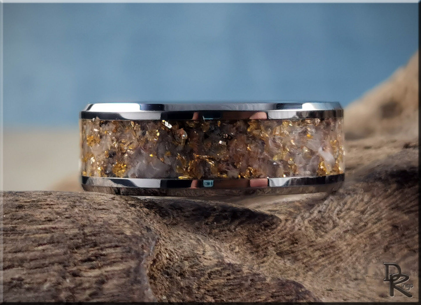 Tungsten Carbide Channel Ring w/Rainbow Moonstone and 14ct Gold German Glass inlay - metal ring