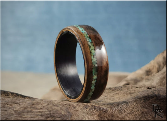 Bentwood Ring - Rustic French Walnut w\offset Green Turquoise inlay, on Carbon Fiber ring core - wood ring