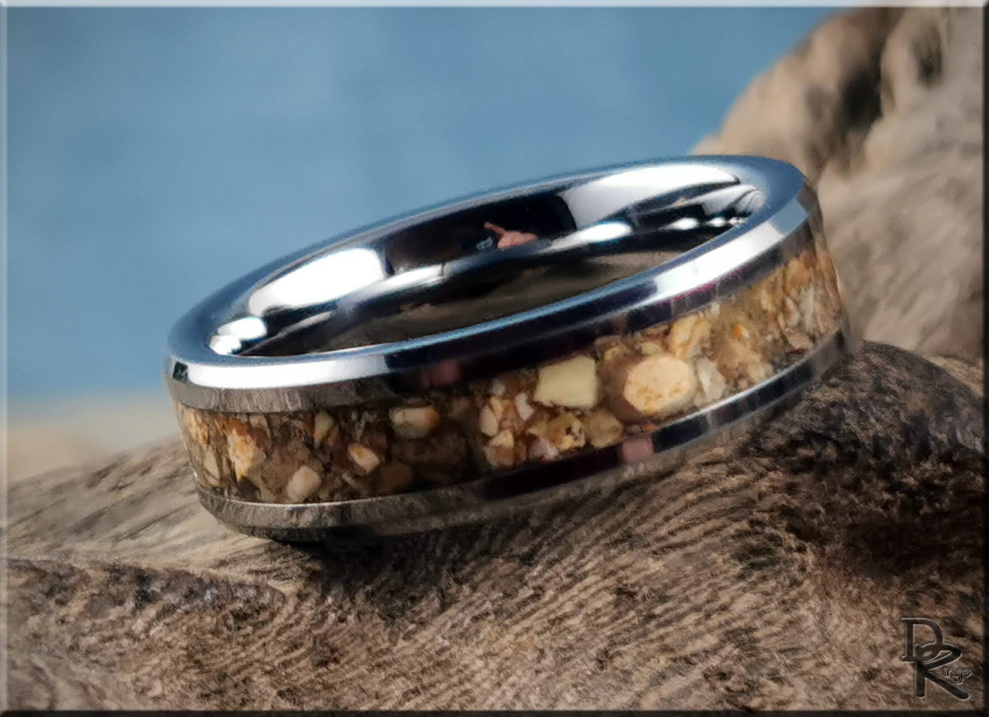 Tungsten Carbide Channel Ring w/Picture Jasper Stone inlay - metal ring